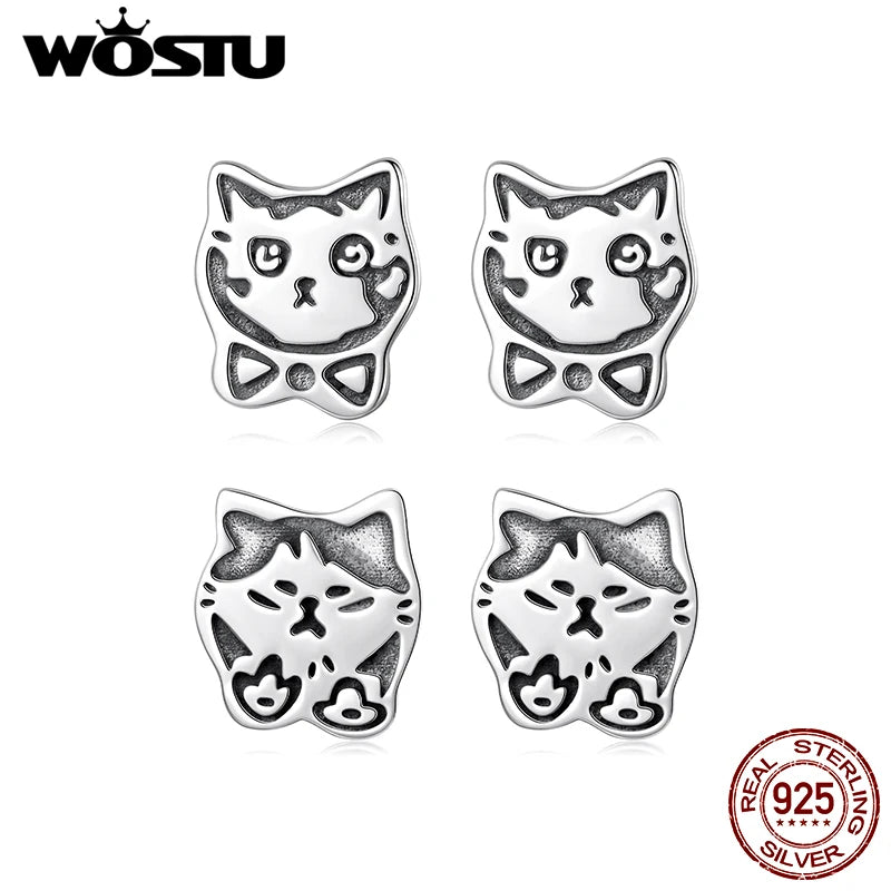 WOSTU Real 925 Sterling Silver Bowtie Cat Stud Earrings for Women Graffiti Cat Ear Studs Lovely Pet lover Faimly Jewelry Gift