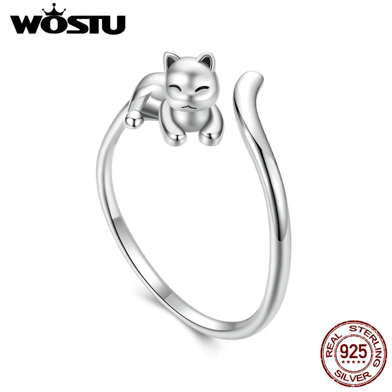 WOSTU 925 Sterling Silver Love Cut Cat Pet Opening Ring For Women Solid s925 Animal Adjustable Rings Gift For daughter Faimly