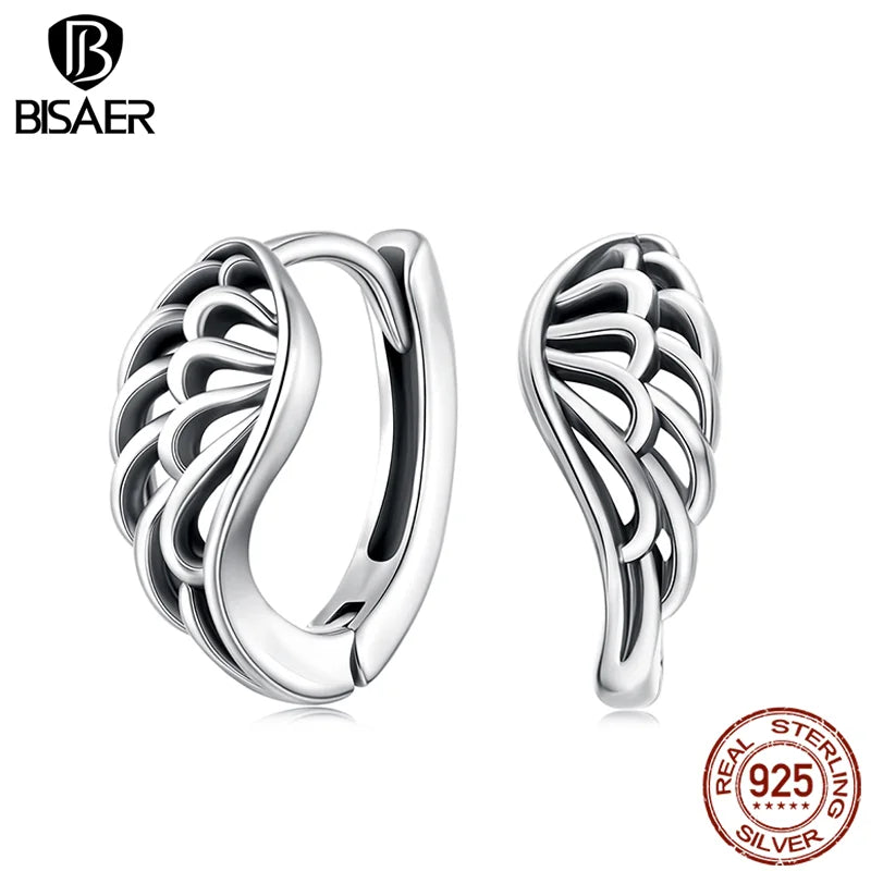 BISAER Solid 925 Sterling Silver Vintage Hollow Wing Hoop Earrings Hip Hop Punk Style For Women Party Original Fine Jewelry