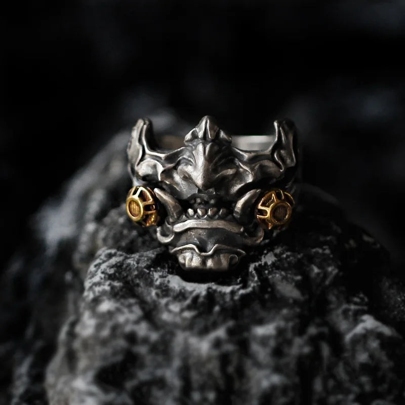 Retro Samurai Cyberpunk Mask Ring Punk Gothic Adjustable Open Ring For Men Copper Designer Jewelry Biker Accessories Unisex Gift