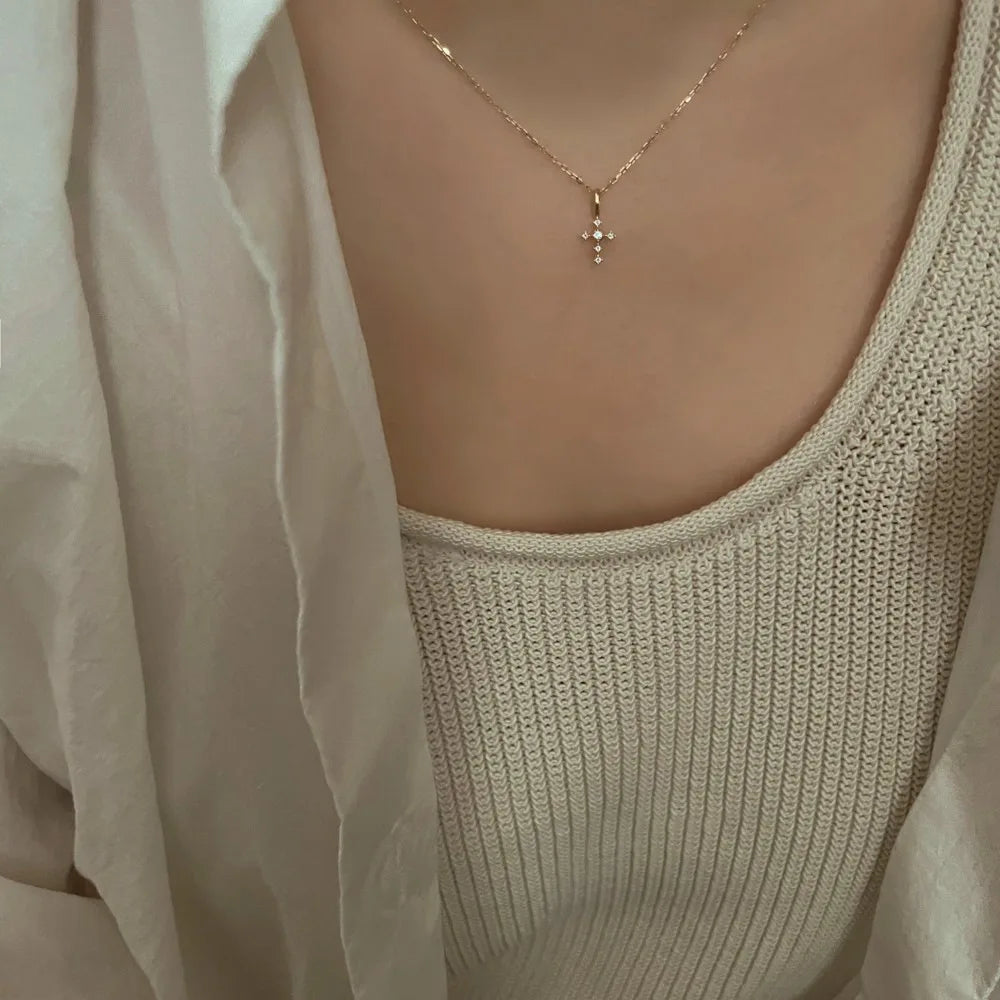 Mini Inlay Zircon Cross Pendant 925 Sterling Silver Necklace for Women Exquisite Sweet Wedding Party Jewelry Accessories