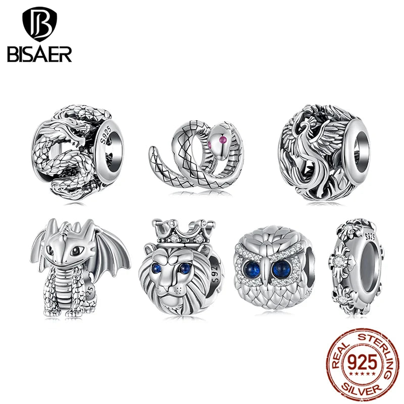 BISAER 925 Sterling Silver Vintage Phoenix Flying Dragon Charm Bead Lion Crown Snake Pendant For Women DIY Bracelet Fine Jewelry