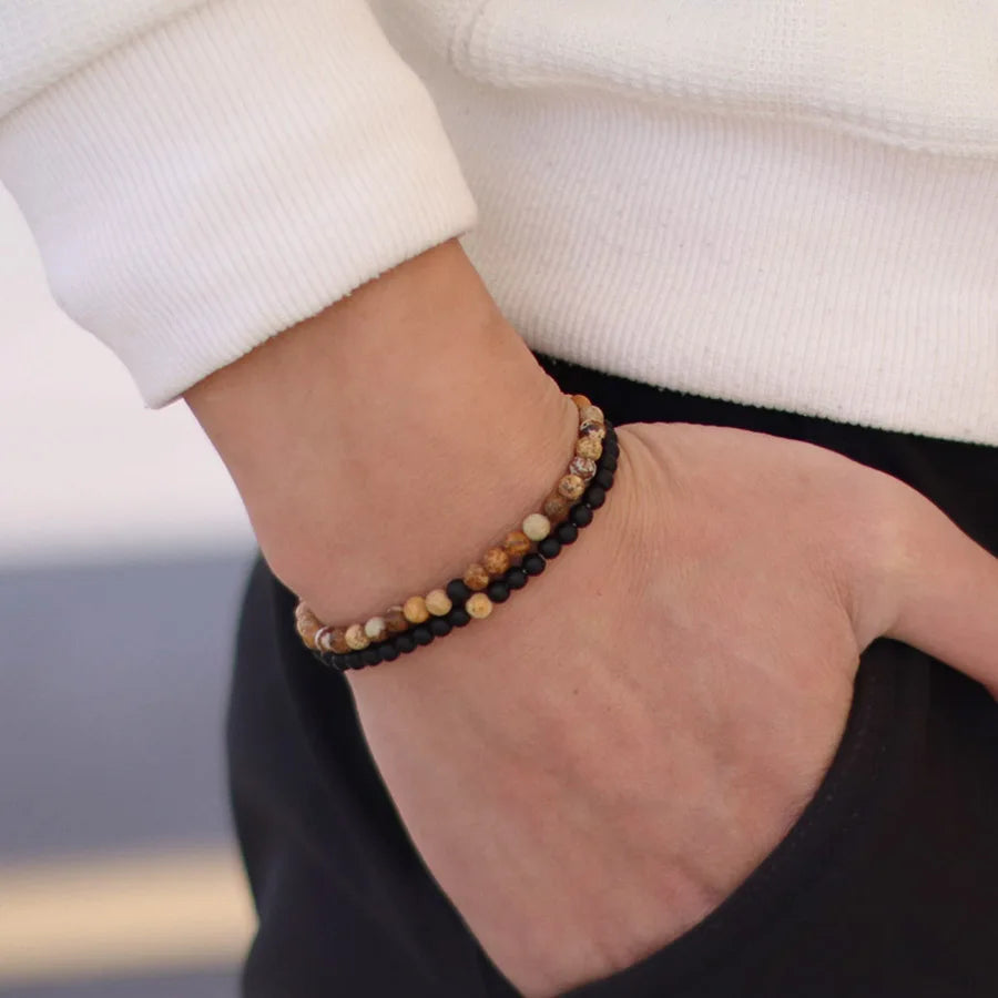 New 2Pcs 4mm Beads Bracelet Set For Men Tiger Eyes Turquoises Paired Strand Healing Braclet Handmade Casual Accessories Hombre