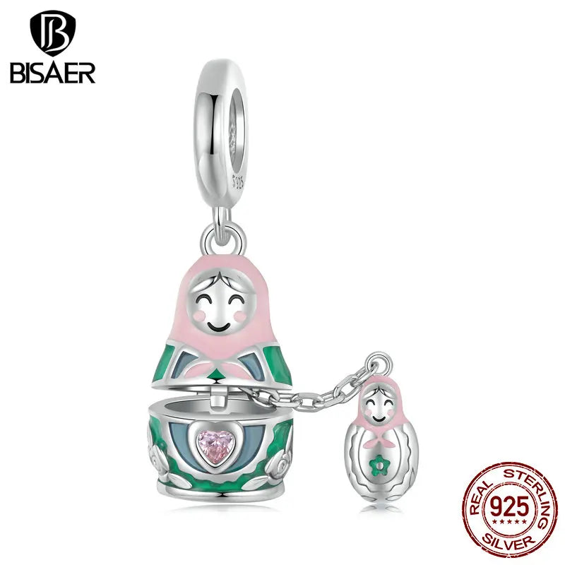 BISAER 925 Sterling Silber Matrjoschka Puppe Anhänger Bunter Emaille-Prozess Charm für Frauen DIY Armband & Halskette Edlen Schmuck
