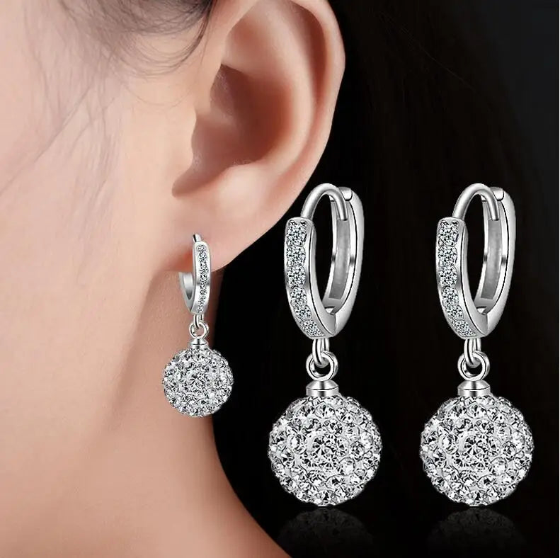 Luxury 925 Sterling Silver 10MM Rhinestone Round Ball Charm Hoop Earrings For Women Wedding Fine Jewelry aretes Creole Huggies