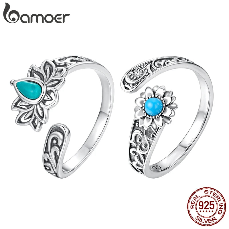 Bamoer 925 Sterling Silber Lotus Türkis Offener Ring Verstellbarer Retro-Muster Breiter Ring für Mutter Geburtstagsgeschenk Weihnachtsschmuck