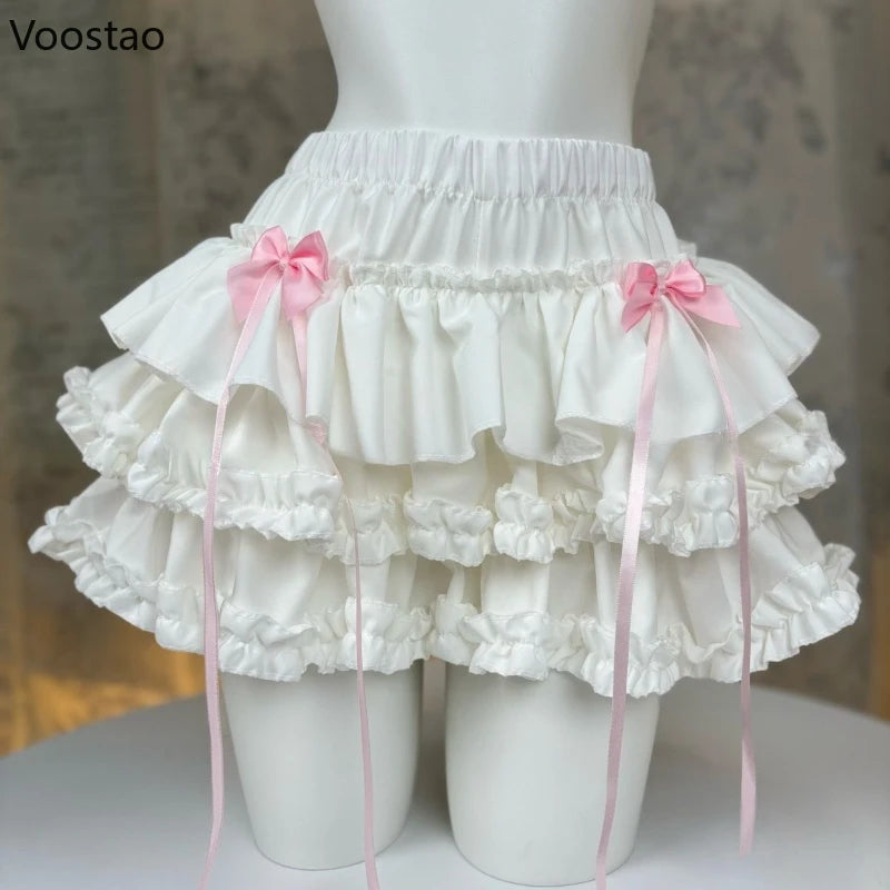 Kawaii Lolita Style Cake Skirt Japanese Fashion Women Sweet Pink Bow Ruffle Party Mini Skirts Ballet Girls Cute Y2k Faldas Mujer