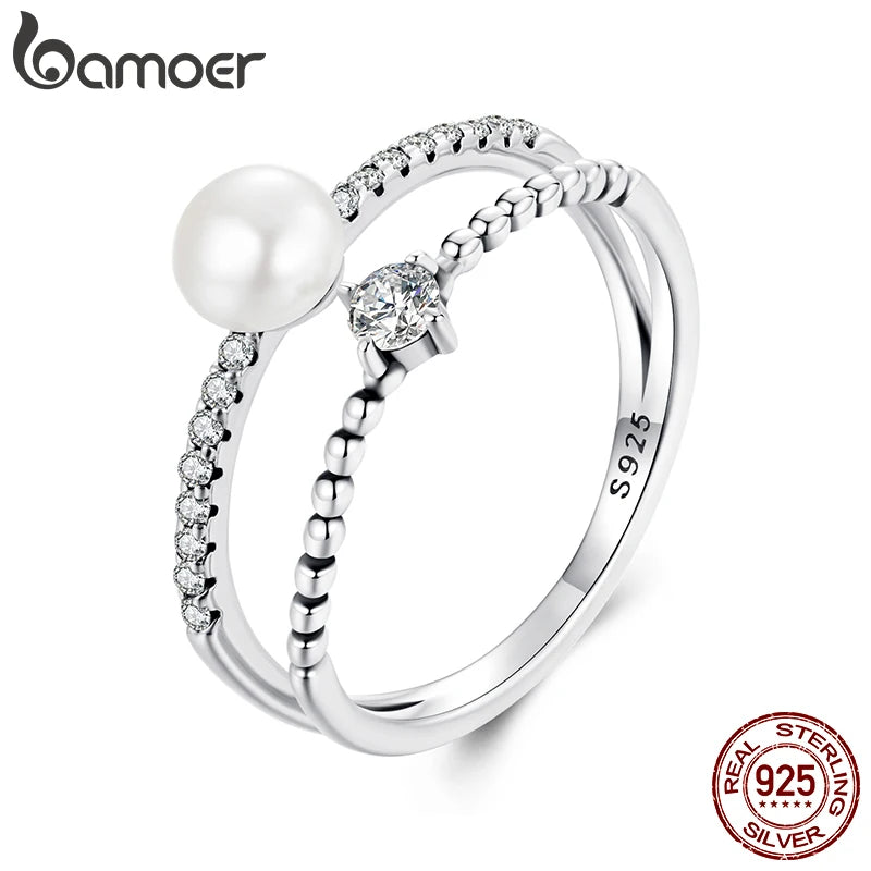 BAMOER Echter 925er Sterlingsilber-Ring mit zweilagiger Süßwasserperle für Damen, eleganter, schmaler Ring zum Stapeln, Verlobungsschmuck