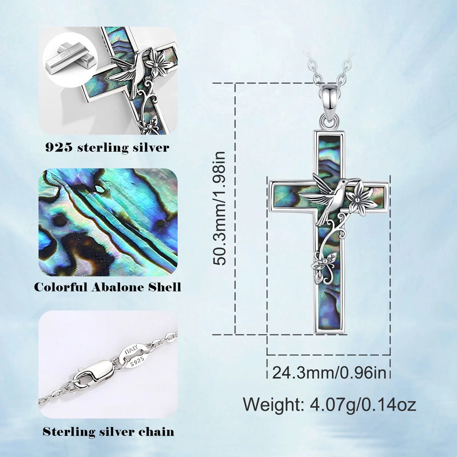 Collier croix colibri en argent sterling 925 Eudora pour femme et homme, pendentif en coquillage d'ormeau naturel, bijou religieux, cadeau raffiné