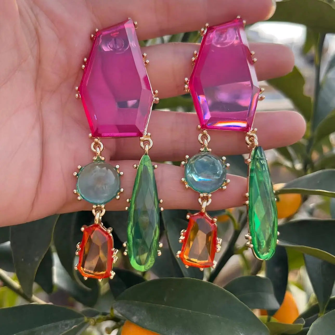 Bohemian Geometric Colorful Resin Dangle Long Earrings Jewelry