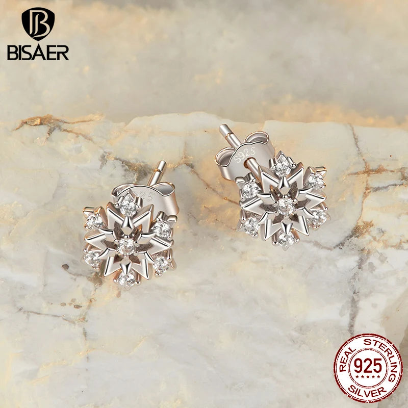 Boucles d'oreilles à tige en argent sterling 925 BISAER en forme de flocon de neige avec zircons scintillants plaqués or blanc pour femmes, bijoux fins de fête, cadeau
