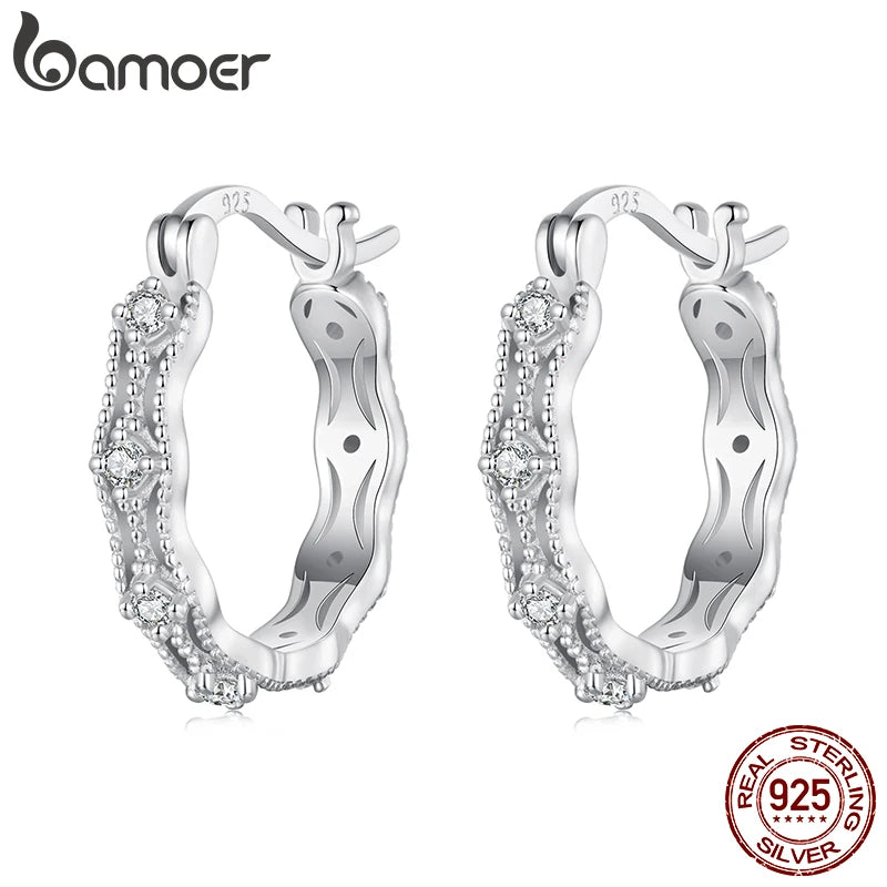 BAMOER 925 Sterling Silber Intarsien CZ Geometrische Spitze Hoop Ohrringe Licht Luxus Reife Glamour Frauen Schmuck Zubehör BSE1101