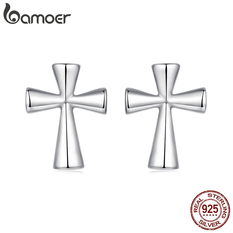 BAMOER 925 Sterling Silver Bold Cross Stud Earrings, Plated White Gold Religious Piercing CZ Earrings for Women Protection Gift