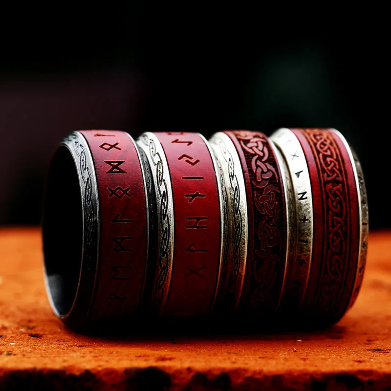 BEIER 2024 New Unique Design Stainless Steel Spinning Viking Red Rosewood Ring For Men Nordic Valknut Celtic Knot Wood Jewelry
