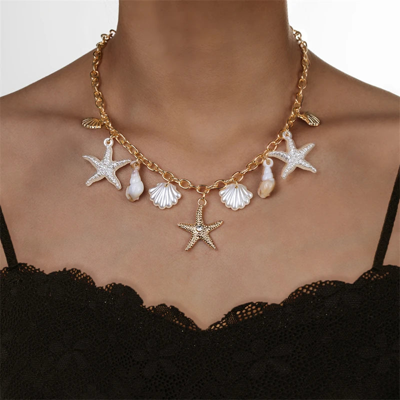 Boho Ocean Series Necklace for Women Gold Color Starfish Shell Pearl Fish Tail Conch Pendant Metal Chain Choker Beach Jewelry