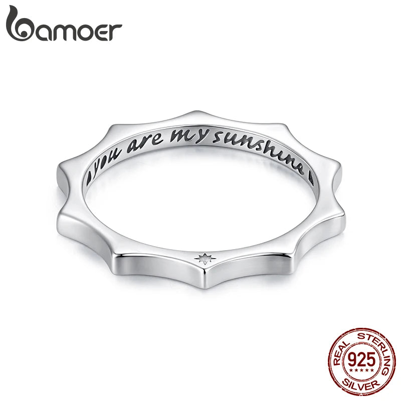 BAMOER 925 Sterling Silver Curved Sun Ring Engraved 'you are my sunshine’ Band Ring Original for Women Simple Statement Gift
