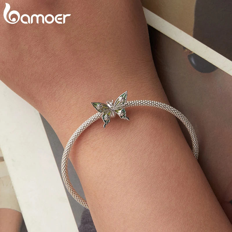 BAMOER Solid 925 Sterling Silver Butterfly Silicone Charm Pendant fit Original Bracelet DIY Jewelry Accessories bamoer Beads