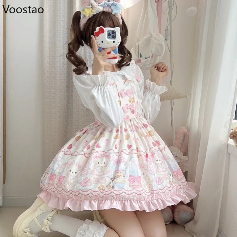 Japanese Sweet Lolita Jsk Dress Women Cute Cartoon Bear Print Bow Lace Ruffles Strap Dress Girls Kawaii Tea Party Princess Dress