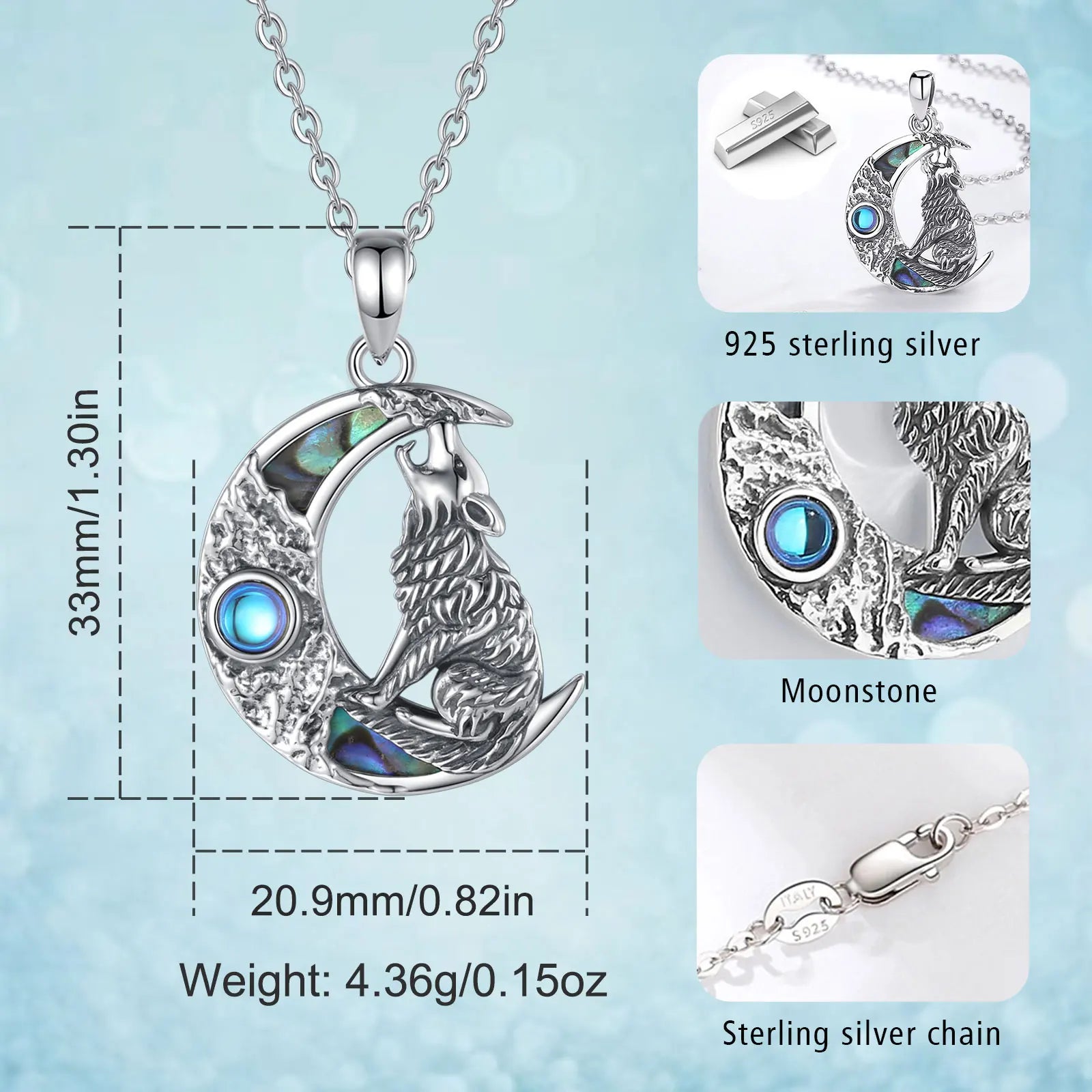 Eudora 925 Sterling Silver Wolf on the Moon Necklace for Women Man Natural Abalone Shell Viking Wolf Pendant Jewelry Party Gift