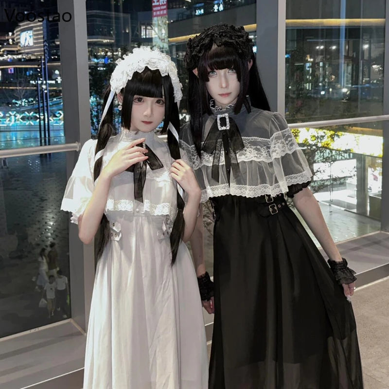 Japanese Style Gothic Y2k Lolita Rhinestone Bow Dress Sweet Women Lace Cape Short Sleeve Slim Party Dresses Elegant Fairy Dress