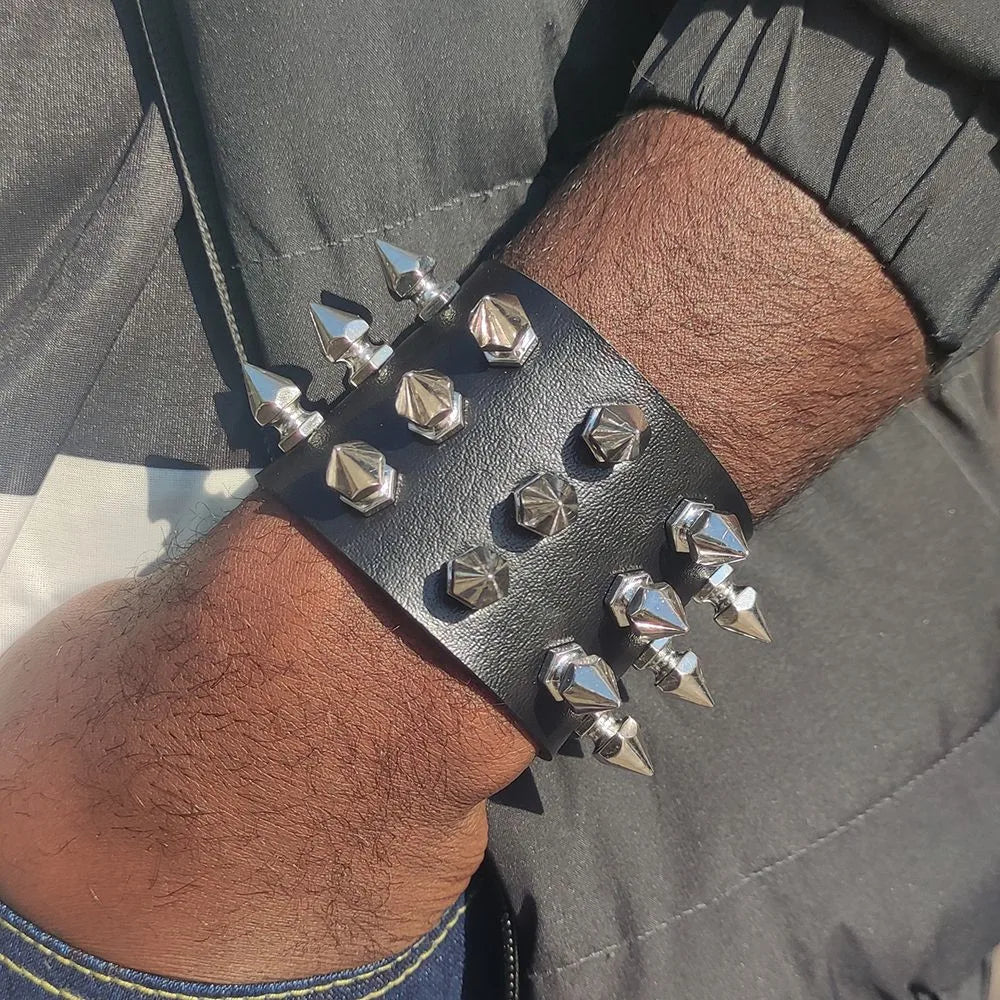 Vintage Leather Bracelets Punk Row Cuspidal Spikes Rivet Stud Wide Cuff PU Leather Punk Gothic Rock Unisex goth accessories