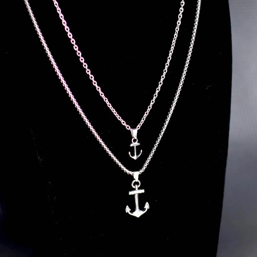 2Pcs/Set Men Necklace Stainless Steel Anchor Pendant Collar Hiphop Rock Cool Riding Neck Accessories Hombre Motorcycle Jewelry