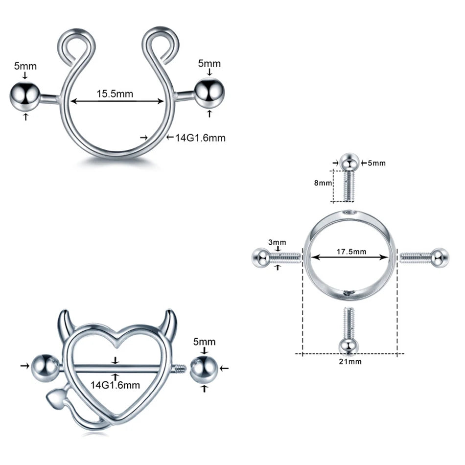 1Pair Steel Screw Nipple Clamps Sexy Women Clip Nipple Rings Faux Nipple Piercing Jewelry Non Piercing Nipple Shiled Rings 14G