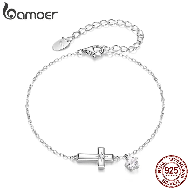 BAMOER 925 Sterling Silber Sternenkreuz-Armband mit Zirkonia-Sternanhänger, verstellbar, perfektes Geschenk für Damen – ideal für Sommer und Alltag