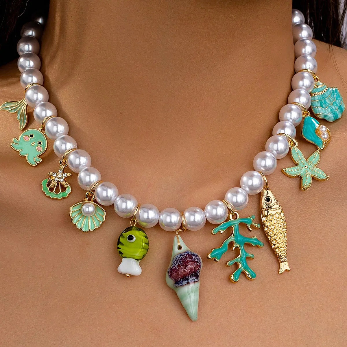 Summer Beach Vacation Sea Star Conch Shell Pendant Pearl Women's Short Necklace