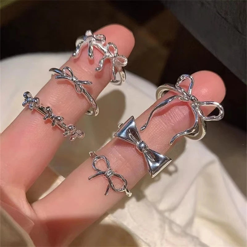 Fashion Bow Ribbon Rings For Women Girls Silver Color Sweet Cute Geometric Bow Knot Opening Finger Ring Wedding Party Jewelry