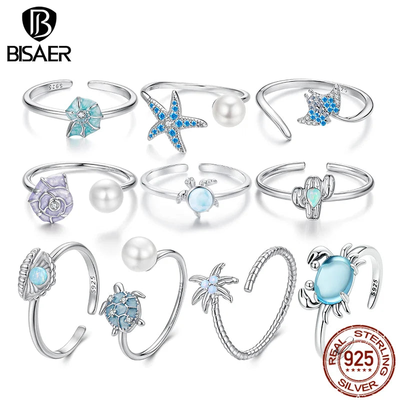 BISAER 925 Sterling Silver Ocean Animal Open Ring Starfish Pearl Conch Turtle Pearl Band for Women Party Jewelry Holiday Gift