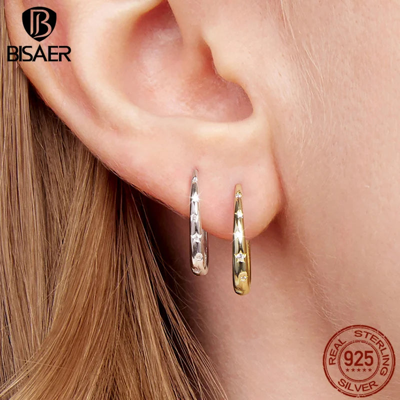 BISAER 925 Sterling Silver Star Hoop Earrings,Large Hoop Hypoallergenic Lightweight Huggie Earring 14K Gold for Woman Trend Gift