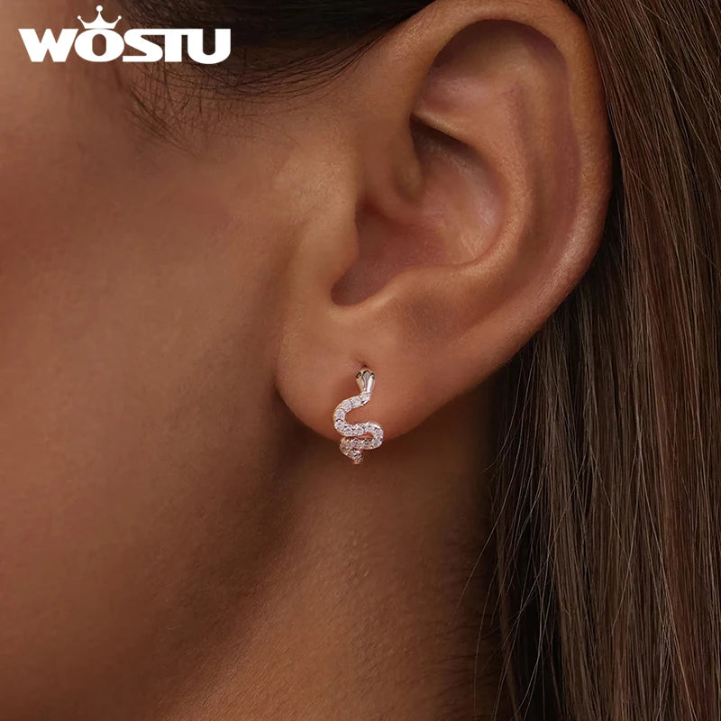 WOSTU 925 Sterling Silver Snake Huggies Earrings For Women, Hypoallergenic Cubic Zirconia Hoop Earring Party Night Out Gift