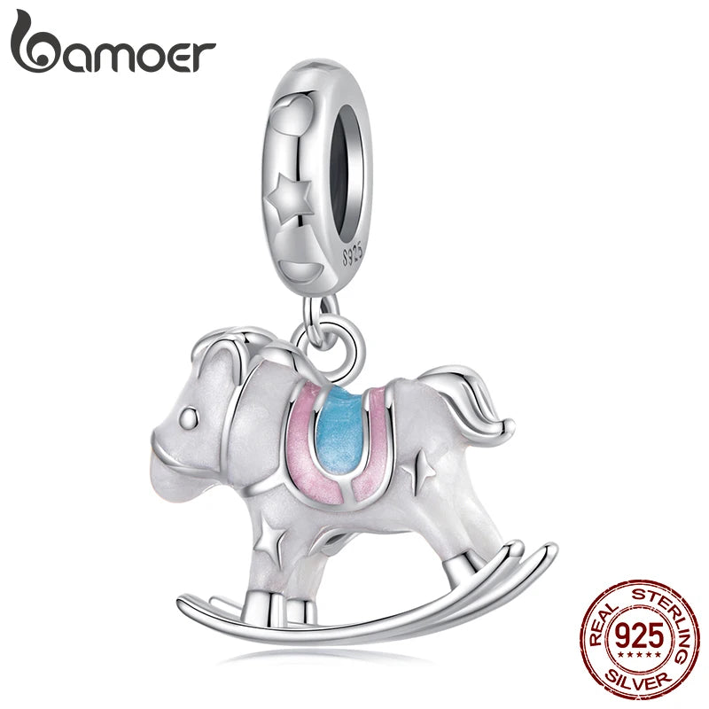 BAMOER 2025 New Solid 925 Sterling Silver White Carrousel Charm fit Original Bracelet DIY Jewelry Accessories bamoer Silver Bead