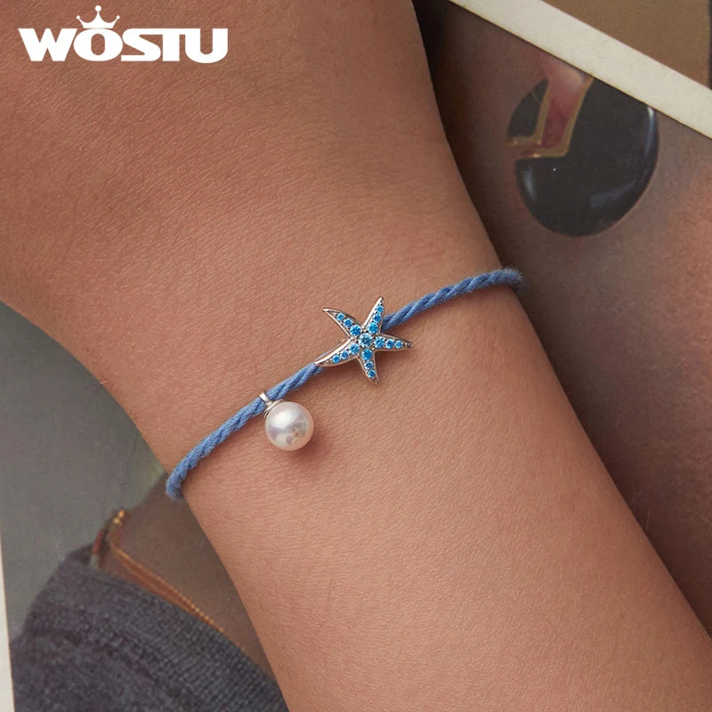 WOSTU 925 Sterling Silver Fashion Blue Starfish Pearl Bracelet Adjustable Braided Rope Bracelets Women Fine Ocean Jewelry Gift