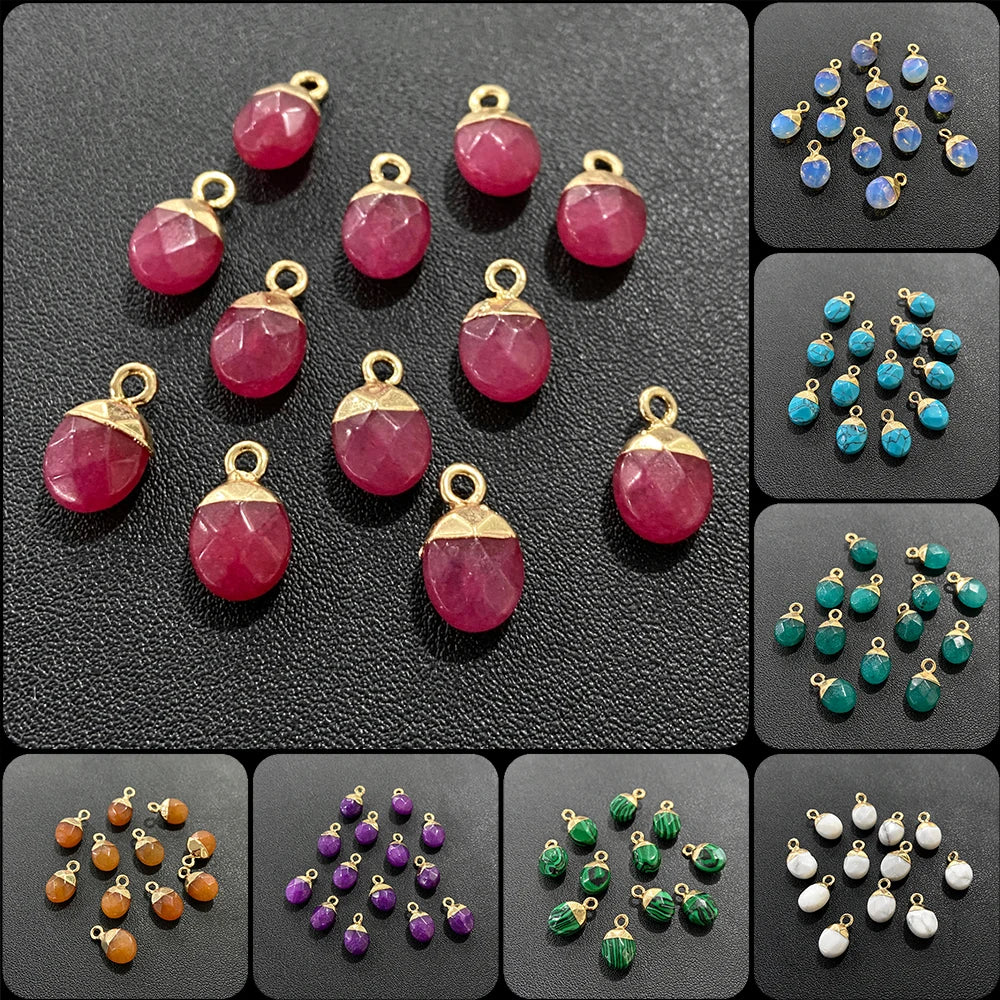 6x10mm Natural Faceted Oval Shape Stone Pendant Chalcedony Quartz Howlite Charms For Jewelry Making DIY Earring Accessories 5Pcs