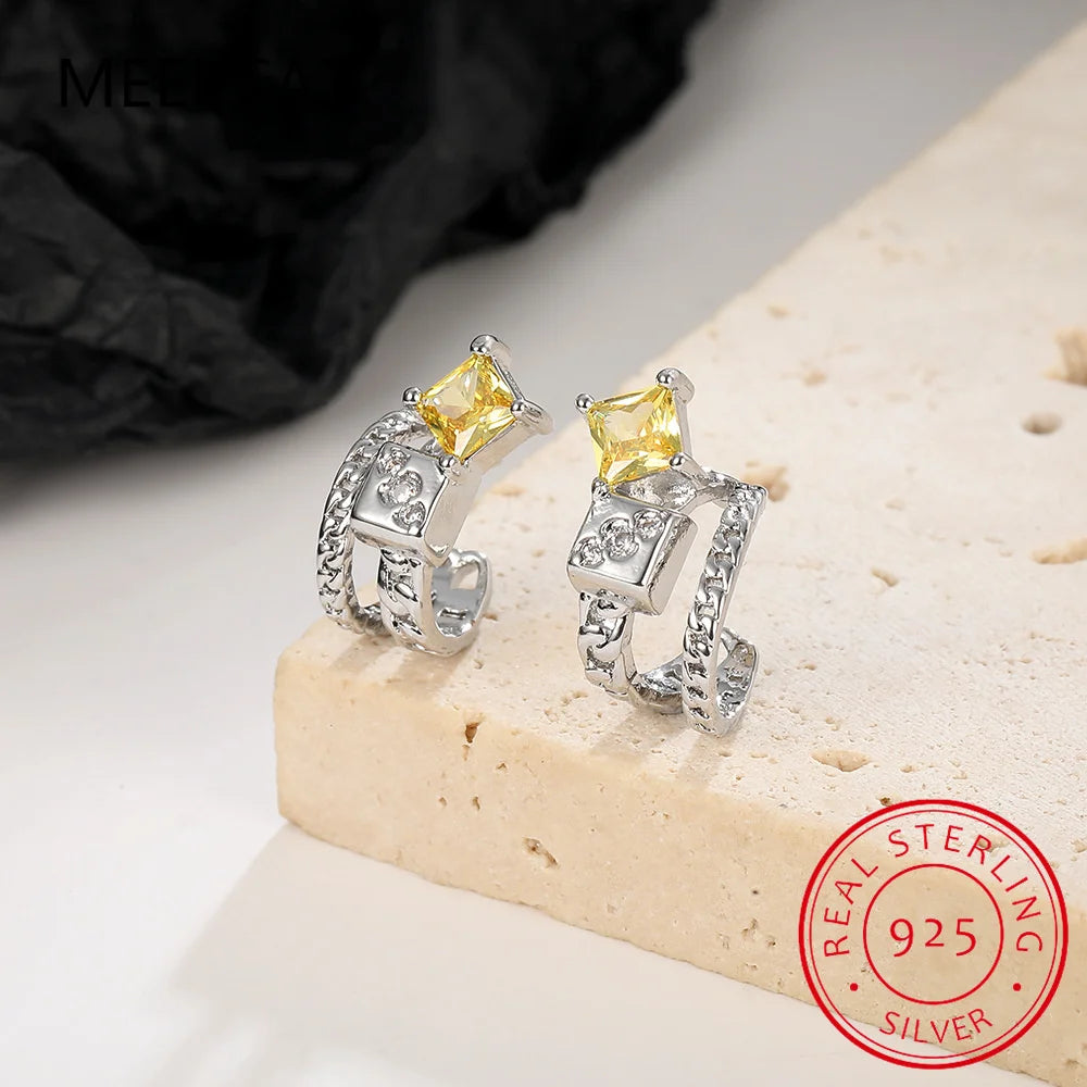 925 Sterling Silver Double Layer Square Citrine Clip on Earring Ear Cuff For Women Girl Without Piercing Earring Jewelry DS534