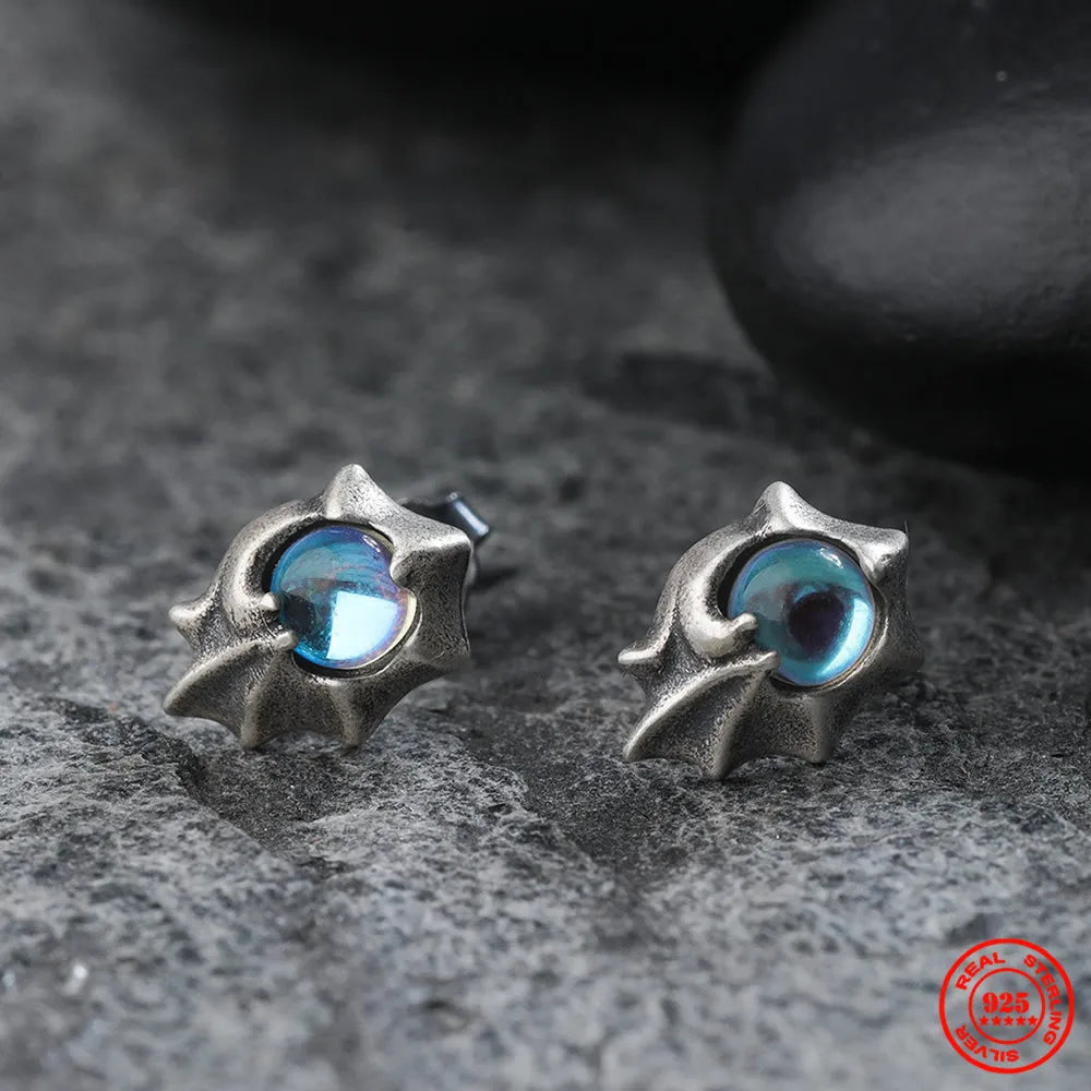 MKENDN 100% 925 Sterling Silver Earrings Men Women Vintage Dragon Wings Stud Earrings With Light Blue Stone Personality Jewelry