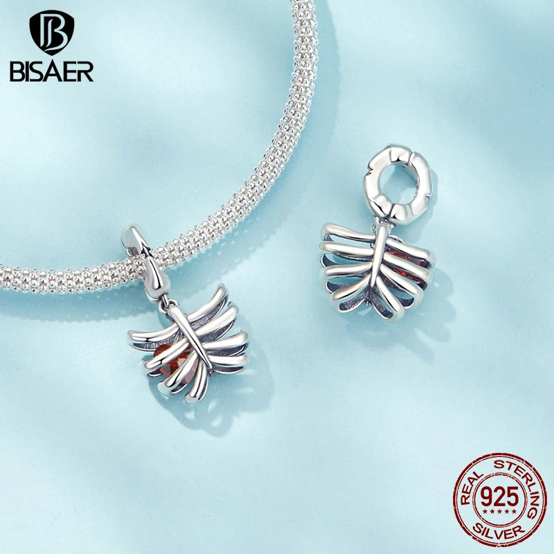 BISAER 100% 925 Argent Sterling Étoile Charm Vajra Coeur Flocon De Neige Pendentif Perle Côtelée Foncée pour Femmes Bracelet DIY Bijoux ECC2976