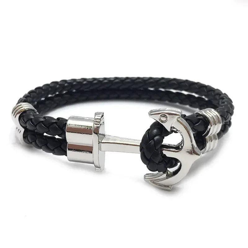 Fashion Alloy Anchor Bracelet Men Black Braided Cowhide Leather Rope Bracelets Wrap Punk Charm Jewelry SL054