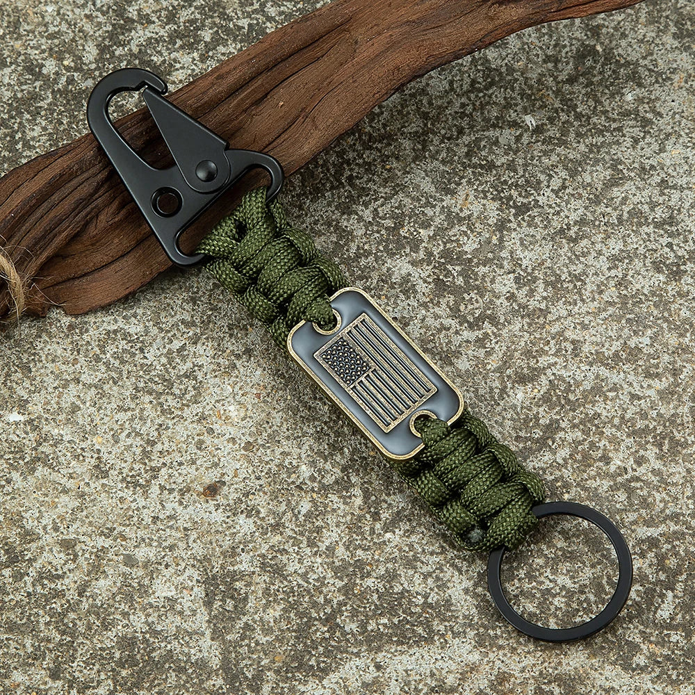 MKENDN Tactical Survival Tools Keychain with Bronze USA Flag Men Outdoor Camping Emergency Paracords Olecranon Clip Carabiner