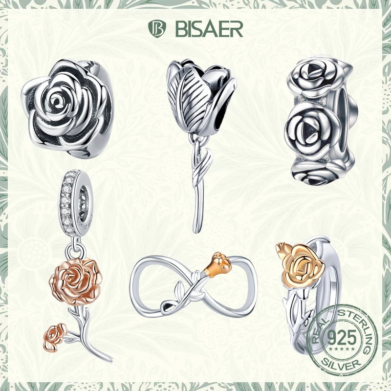 BISAER 925 Sterling Silber Charm Rose Blume Tulpe Nelke Anhänger Für Mutter Mädchen DIY Armbänder Halskette Edlen Schmuck Geschenk