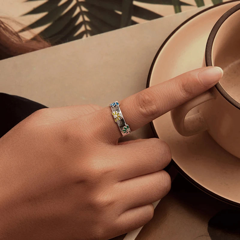 WOSTU 100% 925 Sterling Silver Colorful Daisy Finger Ring For Women Shiny Zircon Wide Band Flower Rings Girl Party Birthday Gift