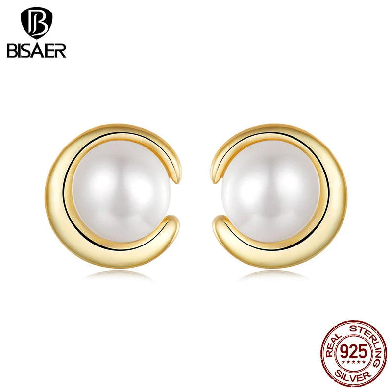 Boucles d'oreilles à tige en argent sterling 925 BISAER avec perles et clip d'oreille rond simple plaqué or pour femmes élégantes, bijoux fins de fête EFE1107