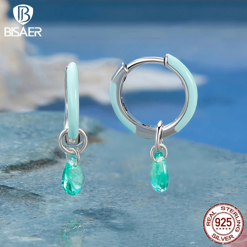 BISAER 925 Sterling Silver Summer Droplet Hoop Earrings Green Water Drop Ear Hooks for Women & Girls Party Fine Jewelry ECE1875