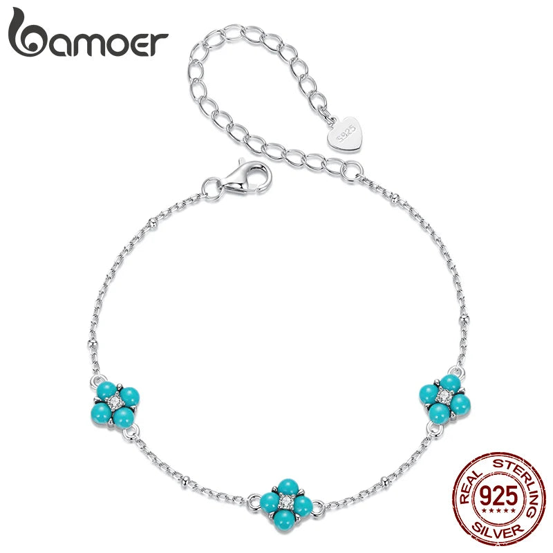 BAMOER Authentisches 925 Sterling Silber Türkis Kleeblatt Armband für Frauen Zarter Schmuck Blumenarmband für Sie SCB289