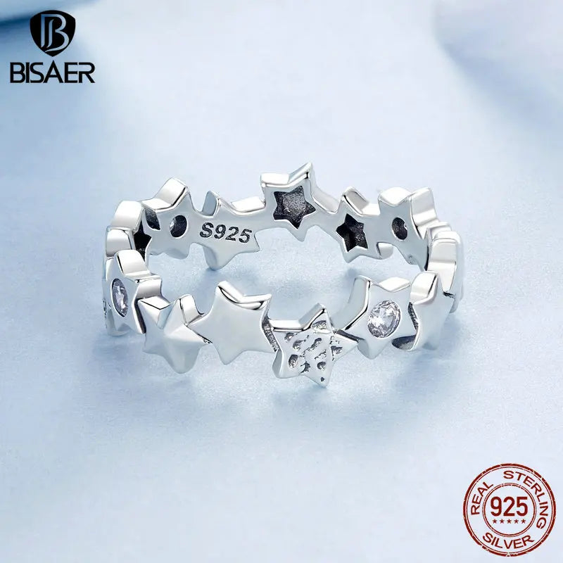 Bague BISAER en argent sterling 925 avec étoiles éblouissantes et zircone scintillante pour femme, bijou fin et original, idéal pour une fête, EFR585
