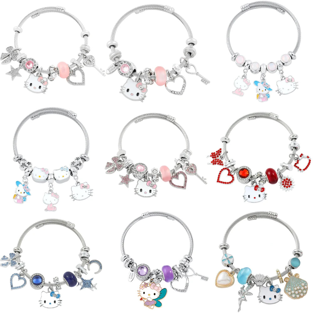 Bracelets à breloques de dessin animé Sanrio Kawaii Hello Kitty Perles Pendentif Chaînes à main Bracelet mignon Bijoux Accessoires Cadeaux pour filles