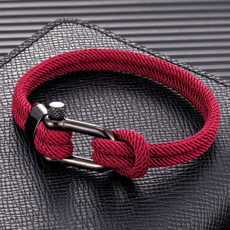 MKENDN Trendy Men Women Wine Red Marine Sailor Rope Nautical Survival Shackle Bracelet Black Stainless Steel Metal Sport Buckle - Madeinsea©