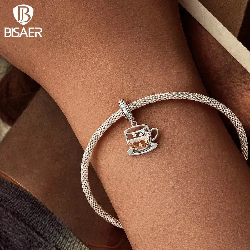 BISAER 925 Sterling Silver Coffee Cup Charm Bead Cafe Coffee Bean Pizza Pendant For Women DIY Bracelet & Necklace Fine Jewelry